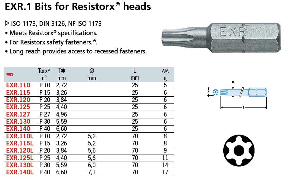 Resistent partitie Hoopvol EXR.110)-1/4" Resistorx Bit-T10 (L=25mm)(1pc)